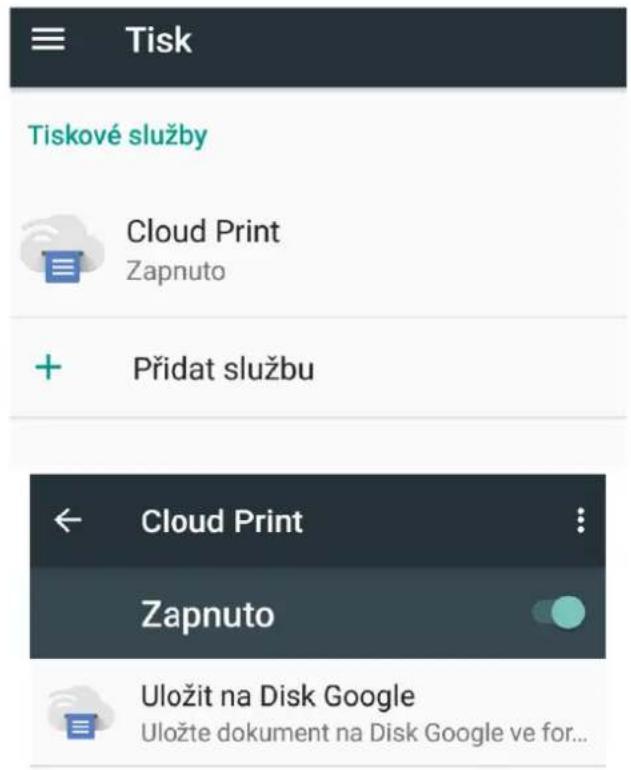 Tisk Tiskové služby Cloud Print Zapnuto + Přidat službu Cloud Print Zapnuto Uložit na Disk Google Uložte dokument na Disk Google ve for...