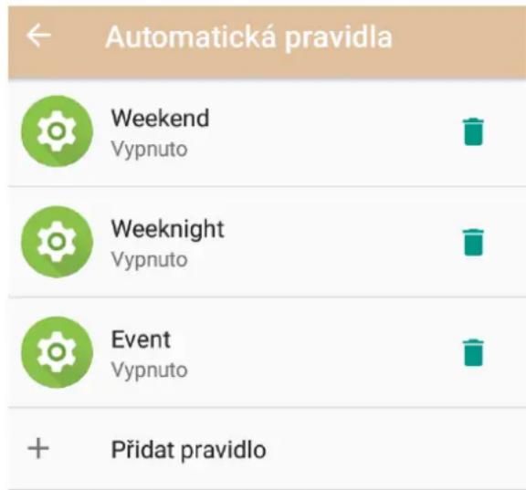 Automatická pravidla Weekend Vypnuto Weeknight Vypnuto Event Vypnuto + Přidat pravidlo