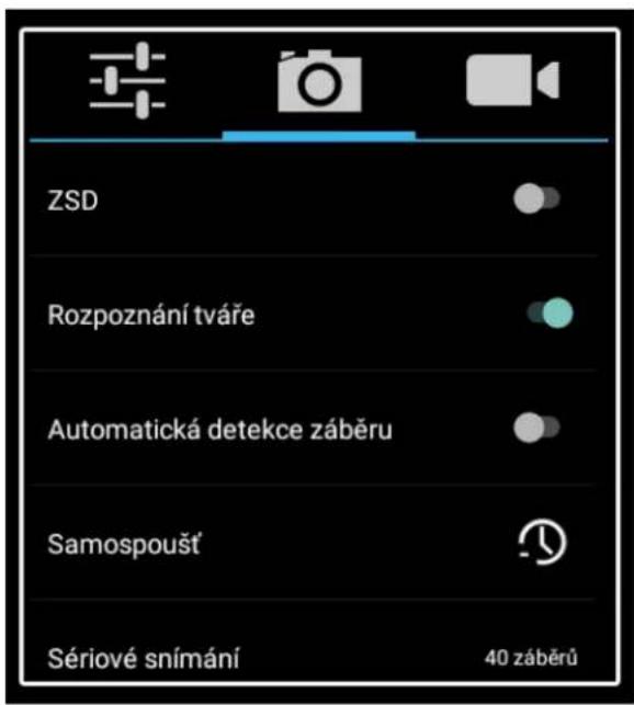 ZSD Rozpoznání tváře Automatická detekce záběru Samospoušť Sériové snímání 40 záběrů