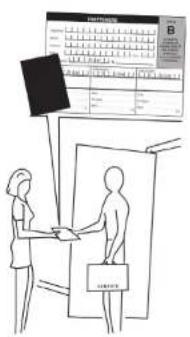 Illustration showing a person shaking hands with a monitor and a calendar, likely for a medical or administrative procedure.