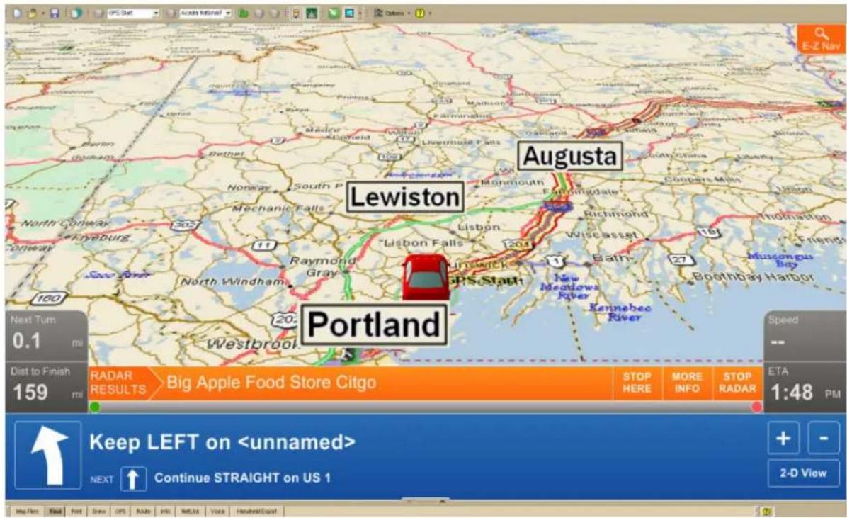 E-Z Nav Lewiston Augusta Portland Westbrook Next Turn 0.1 mi Dist to Finish 159 mi RADAR RESULTS Big Apple Food Store Citgo STOP HERE MORE INFO STOP RADAR ETA 1:48 PM Keep LEFT on NEXT Continue STRAIGHT on US 1 2-D View