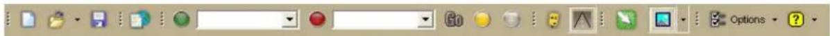 Screenshot of a software toolbar with icons and dropdowns, including 'Options' and a red circular icon.