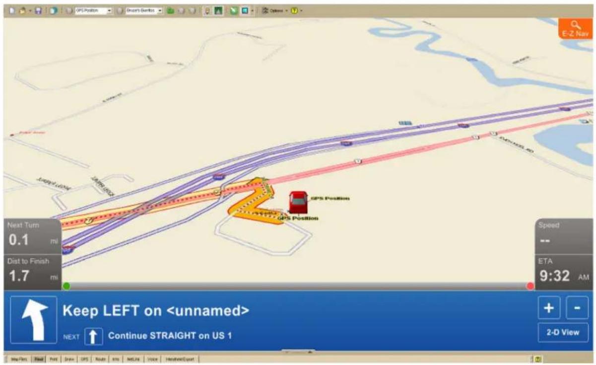 GPS Position E-Z Nav Next Turn 0.1 m Dist to Finish 1.7 m GPS Position GPS Position Keep LEFT on NEXT ↑ Continue STRAIGHT on US 1 2-D View