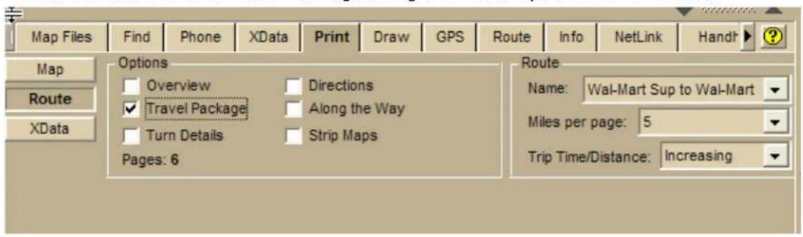 Map Files Find Phone XData Print Draw GPS Route Info NetLink Handt Map Route XData Options Overview Travel Package Turn Details Directions Along the Way Strip Maps Pages: 6 Route Name: Wal-Mart Sup to Wal-Mart Miles per page: 5 Trip Time/Distance: Increasing