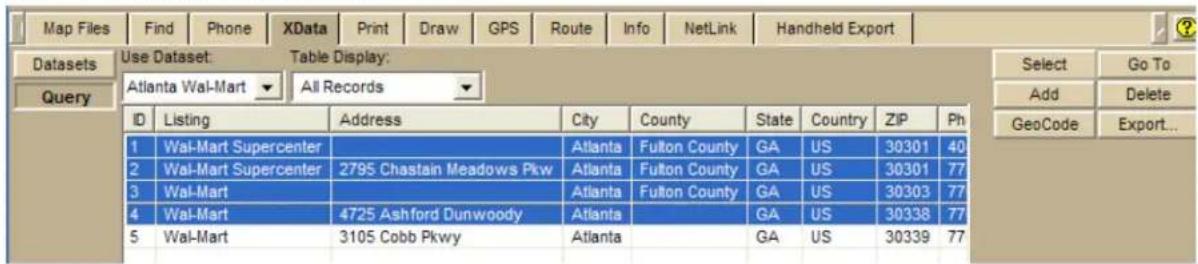 Map Files Find Phone XData Print Draw GPS Route Info NetLink Handheld Export Datasets Use Dataset: Table Display: Atlanta Wal-Mart ▼ All Records ▼ ID Listing Address City County State Country ZIP Ph Select Go To Add Delete Query 1 Wal-Mart Supercenter Atlanta Fulton County GA US 30301 40 2 Wal-Mart Supercenter 2795 Chastain Meadows Pkw Atlanta Fulton County GA US 30301 77 3 Wal-Mart Atlanta Fulton County GA US 30303 77 4 Wal-Mart 4725 Ashford Dunwoody Atlanta GA US 30338 77 5 Wal-Mart 3105 Cobb Pkwy Atlanta GA US 30339 77 GeoCode Export...