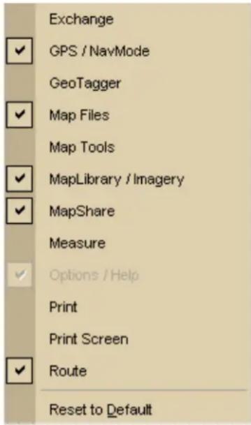 Exchange ✓ GPS / NavMode GeoTagger ✓ Map Files Map Tools ✓ MapLibrary / Imagery ✓ MapShare Measure ✓ Options / Help Print Print Screen ✓ Route Reset to Default