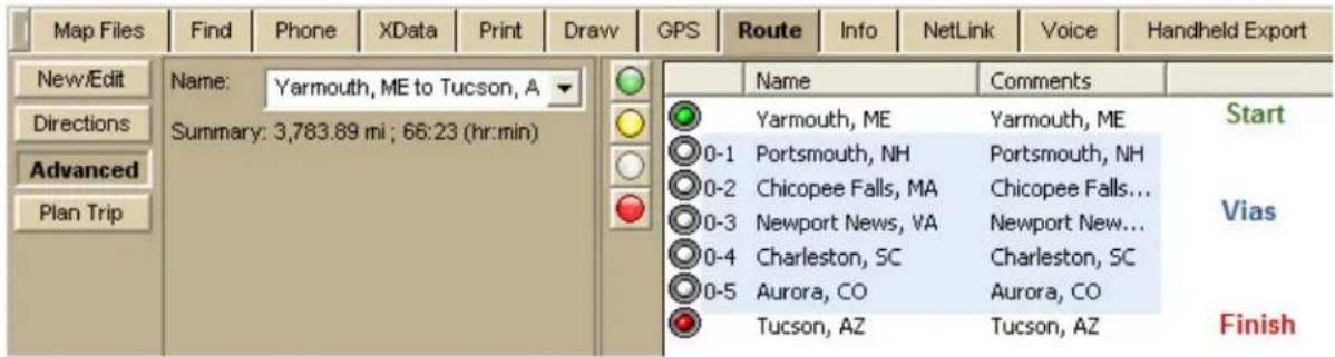 Map Files Find Phone XData Print Draw GPS Route Info NetLink Voice Handheld Export New/Edit Directions Advanced Plan Trip Name: Yarmouth, ME to Tucson, A Summary: 3,783.89 mi ; 66:23 (hr:min) Name Yarmouth, ME Yarmouth, ME Start 0-1 Portsmouth, NH Portsmouth, NH 0-2 Chicopee Falls, MA Chicopee Falls... 0-3 Newport News, VA Newport New... 0-4 Charleston, SC Charleston, SC 0-5 Aurora, CO Aurora, CO Tucson, AZ Tucson, AZ Finish