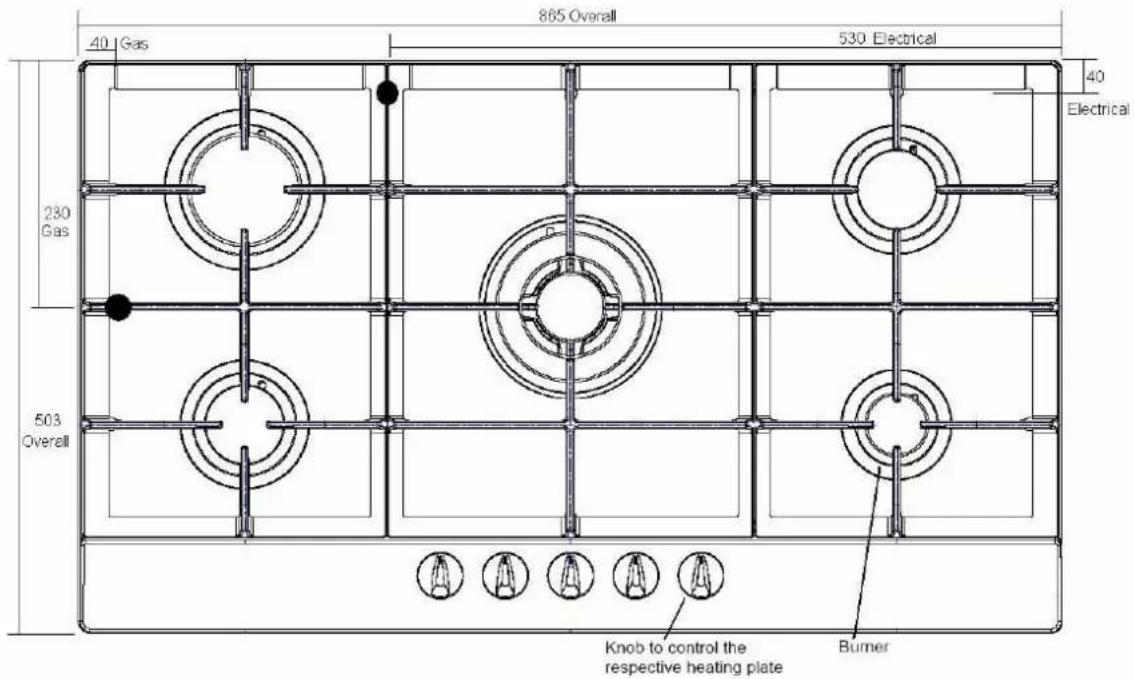 865 Overall 40 Gas 530 Electrical 40 Electrical 230 Gas 503 Overall Knob to control the respective heating plate Burner