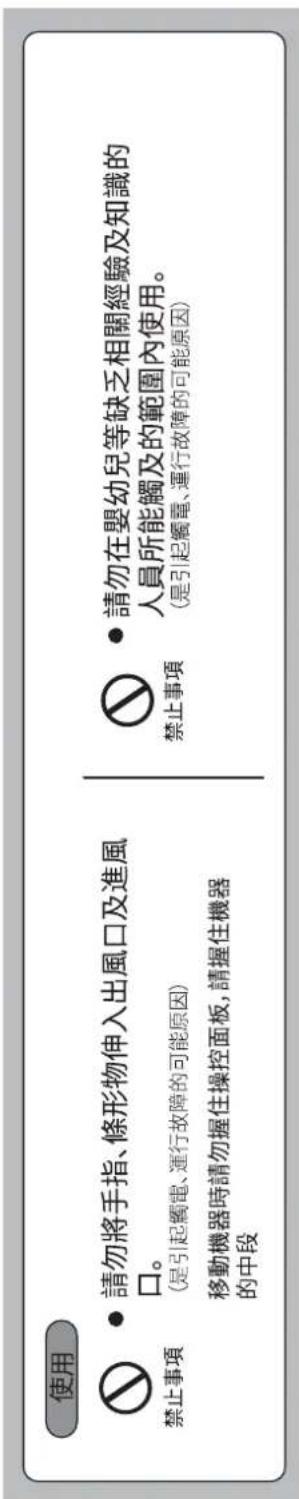 使用 禁止事項 • 請勿將手指、條形物伸入出風口及進風口。 (是引起觸電、運行故障的可能原因) 移動機器時請勿握住操控面板,請握住機器的中段 禁止事項 • 請勿在嬰幼兒等缺乏相關經驗及知識的人員所能觸及的範圍內使用。 (是引起觸電、運行故障的可能原因)