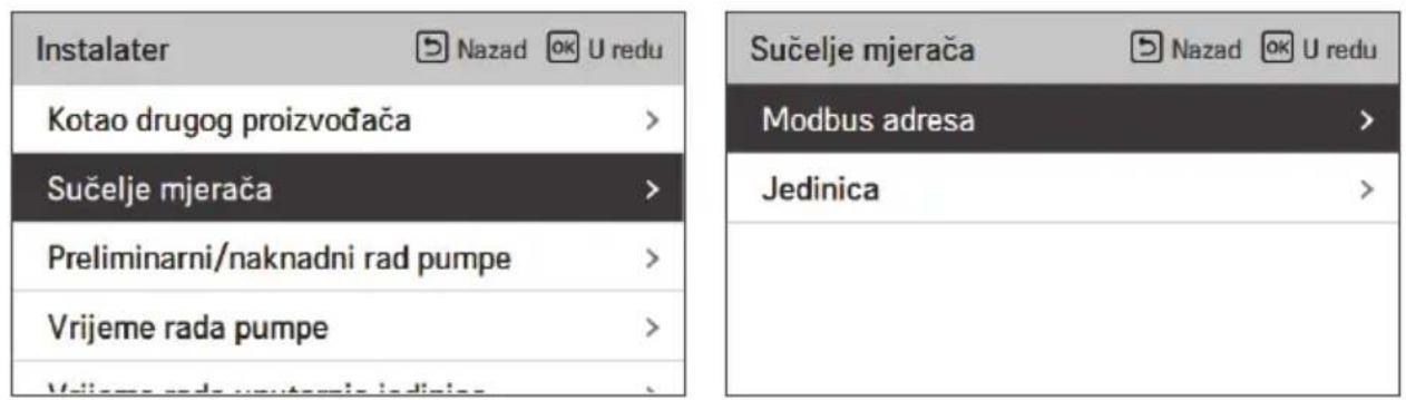 Instalater Kotao drugog proizvođača Sučelje mjerača Preliminarni/naknadni rad pumpe Vrijeme rada pumpe Sučelje mjerača Modbus adresa Jedinica
