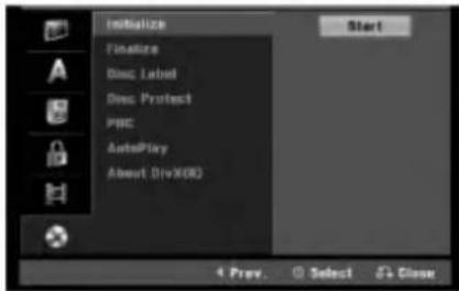 Initialize Finalize Disc Label Disc Protect PBC AutoPlay About DivX(03) Start 4 Prev. Select Close