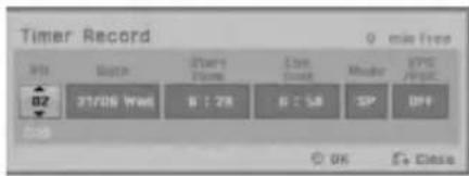 Timer Record 0 min free Time Start Time End Time Music OFF 37/206 Web 8:28 8:58 SP OFF OK Close