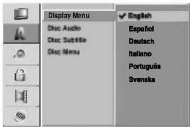 Display Menu Disc Audio Disc Subtile Disc Menu English Español Deutsch Italiano Português Svenska