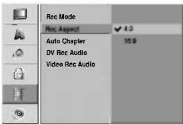 Rec Mode Rec Aspect Auto Chapter DV Rec Audio Video Rec Audio