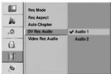 Rec Mode Rec Aspect Auto Chapter DV Rec Audio Video Rec Audio Audio 1 Audio 2