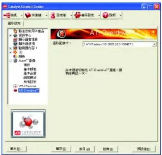 Catalyst Control Center 绘图 快读键 设定着 偏好設定 说明 重命名 新定义使用本产品 营销中心 显示管理器 显示错误项 浏览器内容 1 3D 颜色 Audio™ 影像 播放 基本颜色 基本品质 虚拟模式 所有固定 VPU Recycle AVI Overdrive® ATI Overdrive 图形匹配卡： [ATI Radeon HD 3697] [50-13048*] 尚未调音初始化 ATI Overdrive™ 预览，请 修改两次一次。 CATOLYST 基本(B) 确定(O) 应用(A) 结束(C) 预览(V) 取消(C)