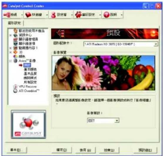 Catalyst Control Creations 視線 快遞鏈 設定書 喜好設定 說明 重視設定 觀察您使用不備品 資訊中心 顯示器管理器 顯示器價值 動機器內容1 30 顏色 Avo®TM 影像 預設 基本顏色 基本品質 彎印模式 所有設定 VPU Recurve ATI Oreadine™ 預設 如果更迅速調整影像設定，請選擇一個影像調節或執行「影像標籤」 影像標籤： [5]1 基本對... 確定[O] 專用 [E] 換乘[O] 預設確認[O]