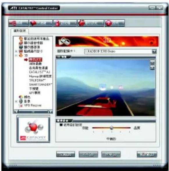 ATI CATALYST™ Control Center 圖形設定 數值設定使用本產品 顯示器管理器 顯示器選項 監視通內容 0 3D 確定設定 顯示器體像 各向真性通道 CATALYST™ AI Muprop 輕達校度 TRU FORM™ SMARTSMADER™ 平滑鏡 4PI 專用 顏色 影像 VPU Recover 3D 圖形設定卡： 1. RAC808 X300.8 pixels 使用自訂設定 設定 品質 牛貓的 確定設定 取消設定 OK Cancel 取消取消