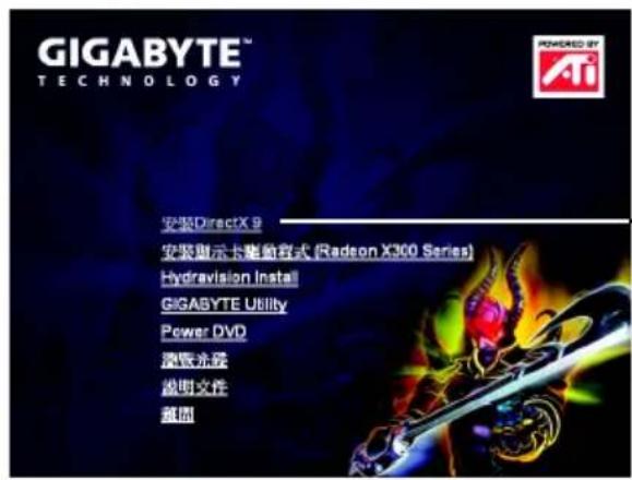 GIGABYTE™ TECHNOLOGY 安装DirectX B 安装显示卡触角模式 (Radeon X300 Series) Hydravision Install GIGABYTE Utility Power DVD 清盘示波 说明文件 超图