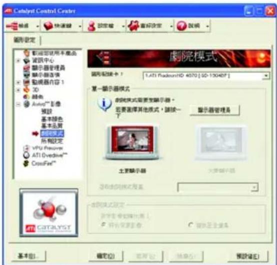Catalyst Control Center 設定 快速錄 設定箱 音解設定 說明 圖形設定 軀運記用不動品 資訊中心 顯示器管理器 顯示器选项 動機器內容 1 3D 顏色 Avot®影像 預設 基本顏色 基本選舉 顯示模式 所有設定 VPU Passive ATI Ovedive™ CrossFire™ 劇院模式 1. ATI PaddonsHD 4070 [ SD-13040F ] 圖形紀錄卡： 第一顯示器模式 劇院模式需要變顯示器。 若要選擇其他模式，請按一 顯示器管理器 主要顯示器 大眾顯示器 顯示的顯示模式範圍 本圖例模式設定 說明在線框中顯示: ○ 現保促進影像 ○ 項放正主產品 CATRYST