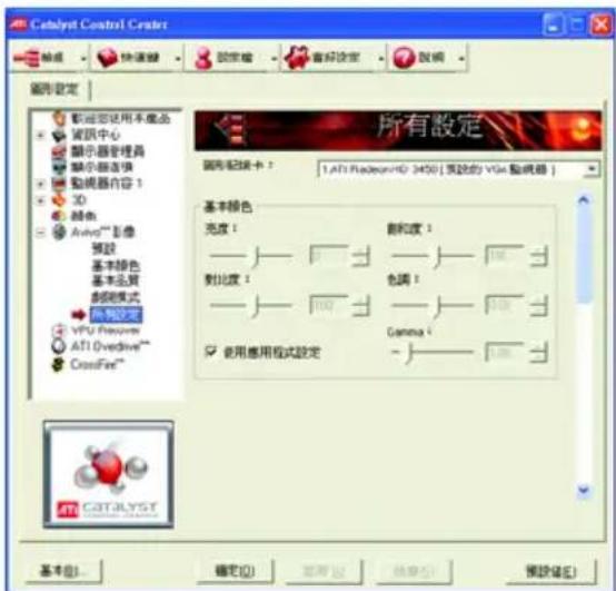 Catalyst Control Center 設定 快速錄 設定値 音标設定 放映 圖形設定 所有設定 圖形配線卡： 1.ATI Redesign® 3450 [預設的 VGA 配線器] 基本顏色 亮度： 創和度： 對比度： 包調： 使用應用模式設定 Gamma： [ ] [ ] 基本(B)... 確定(O) 取消(C) 轉換(R) 預設(E)