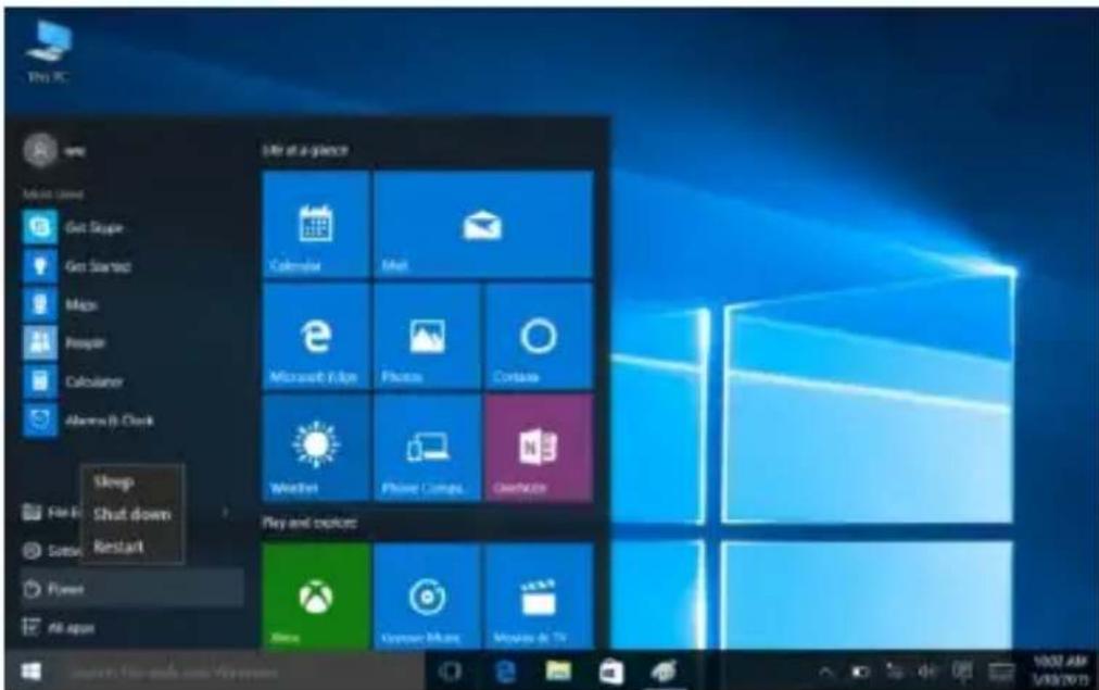 Enter PC File Edit View Get Stop Get Start Maps People Calculator Aberru B Clock Sleep Find E: Shut down Restart Power All again Enter at a page Calendar Mail Microsoft Edge Phone Contacts Weather Phone Comps... Clearbox Play and Options Show Viewer Maps Movies & TV 10:02 AM 3/9/2015