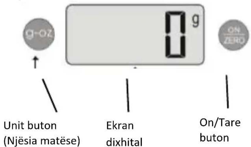 0 g g-oz ↑ Unit buton (Njësia matëse) Ekran dixhital On/Tare buton
