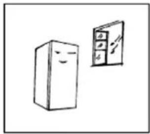 Simple line drawing of a smiling rectangular box next to a door with four compartments (no text or symbols)
