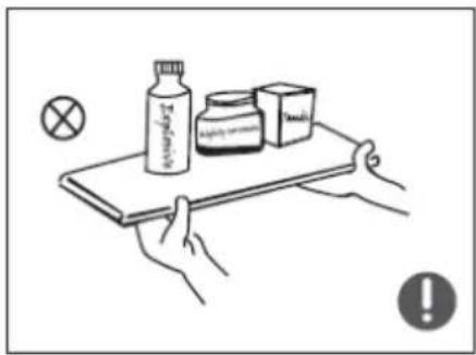 Illustration showing a hand holding a tray with labeled items including a bottle, a jar, and a cross symbol, alongside warning symbols.