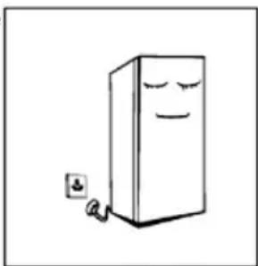 Simple line drawing of a smiling rectangular character with closed eyes and a small electrical plug at its base (no text or symbols)