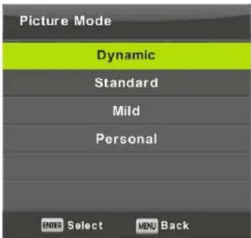 Picture Mode Dynamic Standard Mild Personal ENTER Select MENU Back
