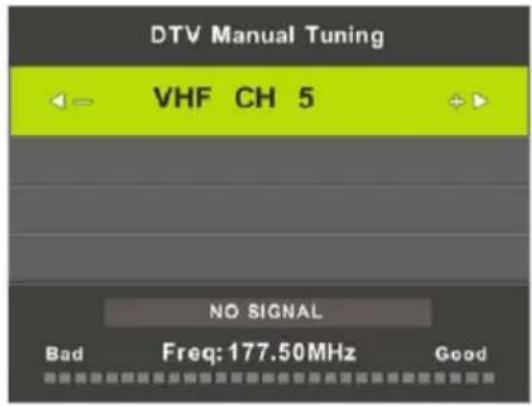 DTV Manual Tuning VHF CH 5 NO SIGNAL Bad Freq: 177.50MHz Good