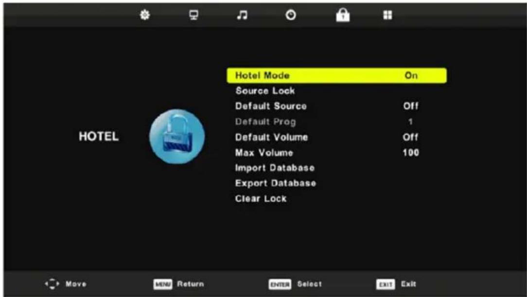 Hotel Mode On Source Lock Default Source Off Default Prog 1 Default Volume Off Max Volume 100 Import Database Export Database Clear Lock