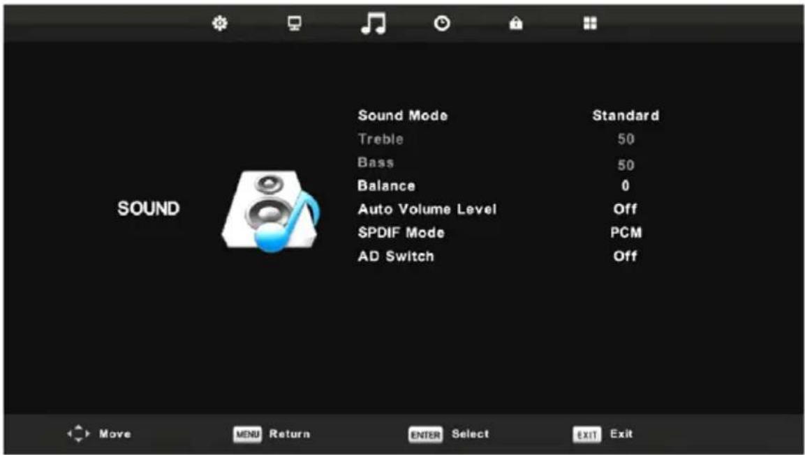 Sound Mode Treble Bass Balance Auto Volume Level SPDIF Mode AD Switch Standard 50 50 0 Off PCM Off