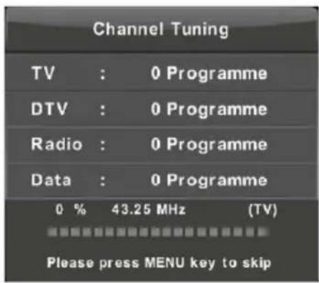 Channel Tuning TV : 0 Programme DTV : 0 Programme Radio : 0 Programme Data : 0 Programme 0 % 43.25 MHz (TV) Please press MENU key to skip