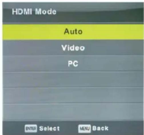 HDMI Mode Auto Video PC ENTER Select MENU Back