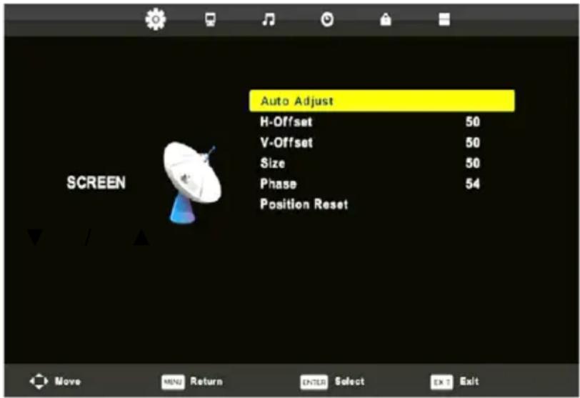 Auto Adjust H-Offset 50 V-Offset 50 Size 50 Phase 54 Position Reset SCREEN Move MENU Return ENTER Select Exit Exit