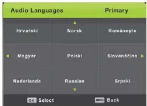 Audio Languages Primary Hrvatski Norsk Româneşte Magyar Polski Slovençins Nederlands Russian Srpski OK Select MENU Back