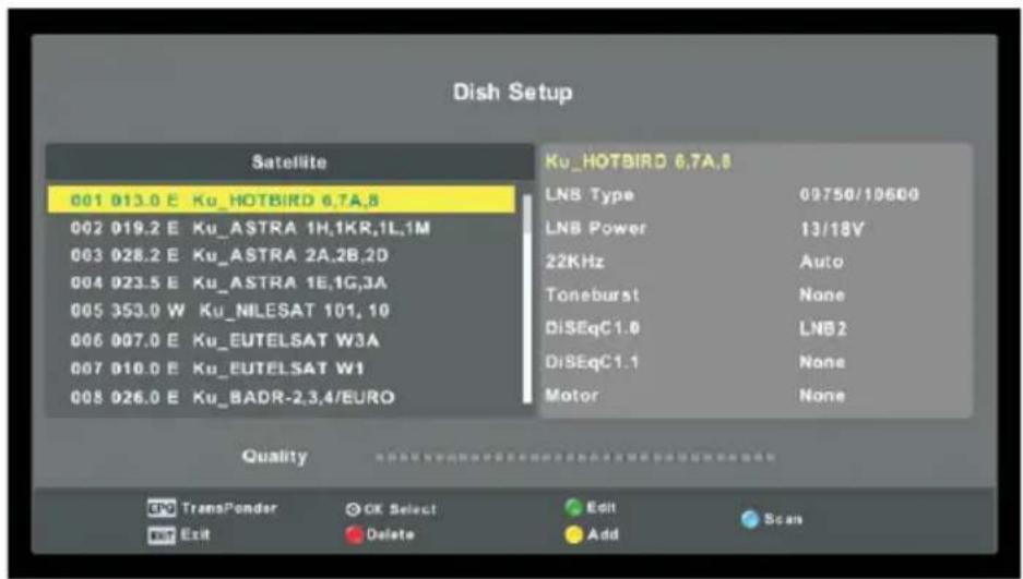 Dish Setup Satellite 001 013.0 E Ku_HOTBIRD 6.7A.8 002 019.2 E Ku_ASTRA 1H,1KR,1L,1M 003 028.2 E Ku_ASTRA 2A,2B,2D 004 023.5 E Ku_ASTRA 1E,1G,3A 005 353.0 W Ku_NILESAT 101,10 006 007.0 E Ku_EUTELSAT W3A 007 010.0 E Ku_EUTELSAT W1 008 026.0 E Ku_BADR-2,3,4/EURO Ku_HOTBIRD 6.7A.8 LNB Type 09750/19600 LNB Power 13/18V 22KHz Auto Toneburst None DiSEqC1.0 LNB2 DiSEqC1.1 None Motor None Quality SPD TransPonder OK Select Edit Scan Exit Delete Add