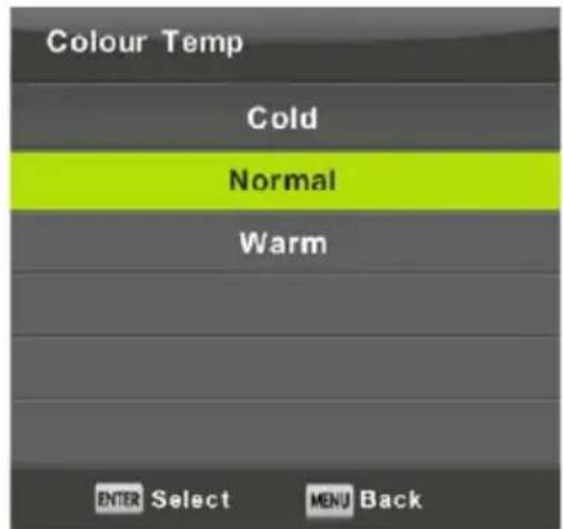 Colour Temp Cold Normal Warm ENTER Select MENU Back