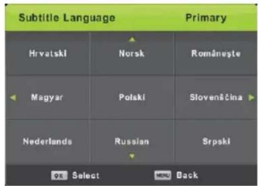 Subtitle Language Primary Hrvatski Norsk Românešte Magyar Polski Slovenščina Nederlands Russian Srpski OK Select MENU Back
