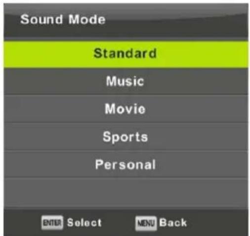 Sound Mode Standard Music Movie Sports Personal ENTER Select MENU Back