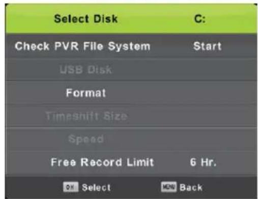 Select Disk C: Check PVR File System Start USB Disk Format Timeshift Size Speed Free Record Limit 6 Hr. OK Select Back