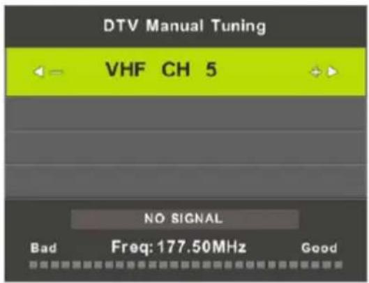 DTV Manual Tuning VHF CH 5 NO SIGNAL Bad Freq: 177.50MHz Good