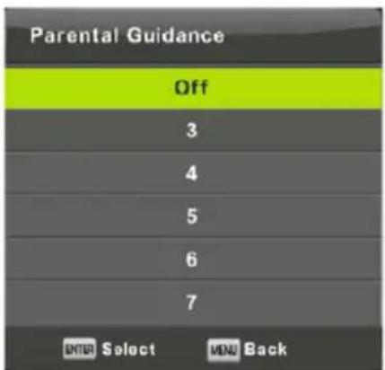Parental Guidance Off 3 4 5 6 7 ENTER Select MINV Back