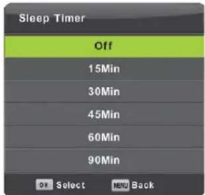 Sleep Timer Off 15Min 30Min 45Min 60Min 90Min OK Select MENU Back