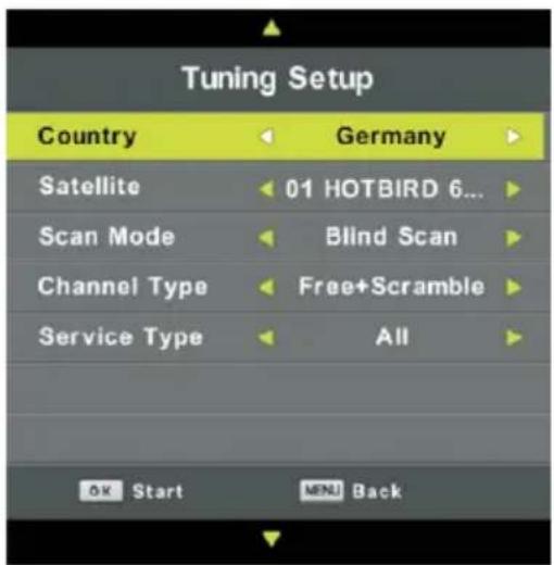 Tuning Setup Country Germany Satellite 01 HOTBIRD 6... Scan Mode Blind Scan Channel Type Free+Scramble Service Type All OK Start MENU Back