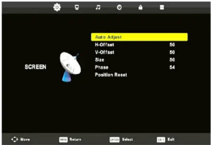 Auto Adjust H-Offset 50 V-Offset 50 Size 50 Phase 54 Position Reset SCREEN Move MEND Return ENTER Select Exit