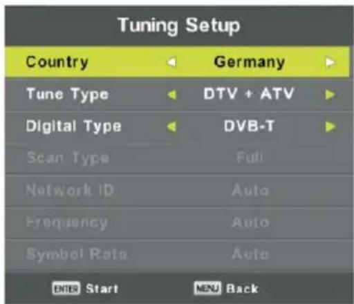 Tuning Setup Country Germany Tune Type DTV + ATV Digital Type DVB-T Scan Type Full Network ID Auto Frequency Auto Symbol Rate Auto ENTER Start MENU Back