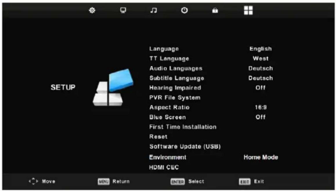 Language TT Language Audio Languages Subtitle Language Hearing Impaired PVR File System Aspect Ratio Blue Screen First Time Installation Reset Software Update (USB) Environment HDMI CEC English West Deutsch Deutsch Off 16:9 Off Home Mode Move MENU Return ENTER Select EXIT Exit